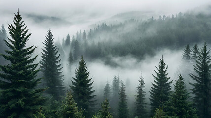 Enchanted Vintage Misty Fir Forest Landscape - Generative AI