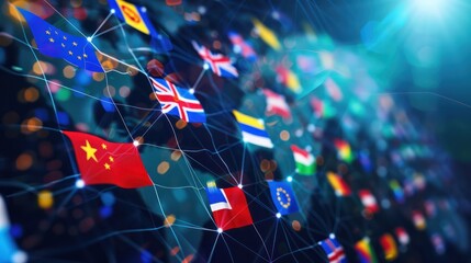 Cross border Regulatory Cooperation: Countries flags interconnected with digital lines, symbolizing cross