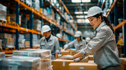 Japanese logistics workers in a warehouse, organizing packages, managing inventory, and preparing shipments, Families in Japan, Japanese logistics, everyday warehouse life, supply
