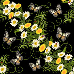 Butterflies and flowers in a seamless pattern.Butterflies, daisies and dandelions on a black background in a diagonal vector pattern.