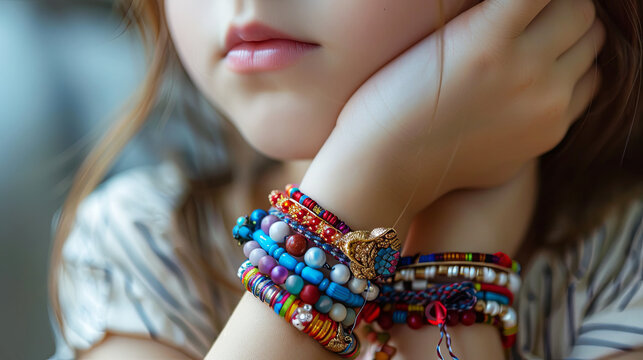 child's hands with colorful beaded bracelets, highlighting the vibrant and intricate designs