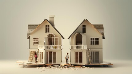 Divorce family and division house. Apartment property separate conflict people man and woman. Concept estate dispute. Generation AI