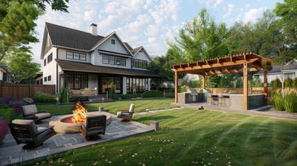 Obraz premium classic suburban farmhouse with a large backyard designed for entertaining, including a fire pit, outdoor kitchen, and a custom-built wooden gazebo