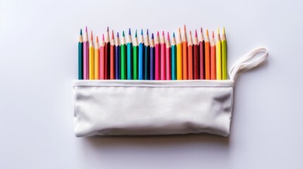 Fototapeta premium Rainbow colored pencils in white pencil case Back to school flat lay with empty space
