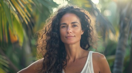 Fototapeta premium Portrait of beautiful young woman standing in sunlit forest.