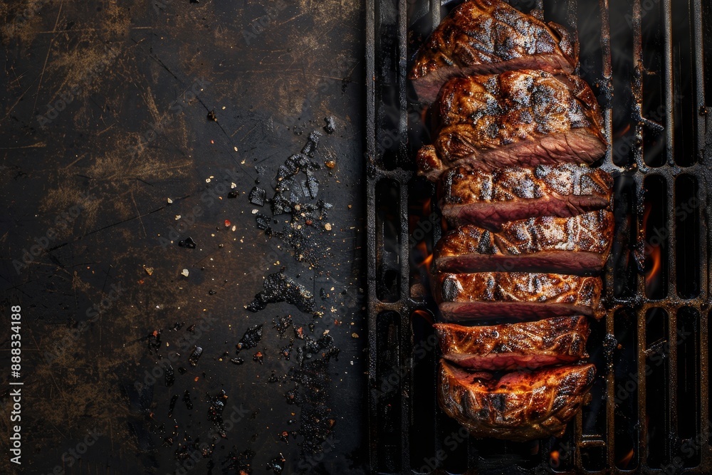 Wall mural grilled tri tip steak on a black background top view with copy space