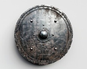 Naklejka premium Gladiator Shield. Mediaeval Viking Design of Round Steel Shield Isolated on White Background