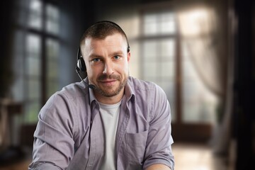 Obraz premium Portrait of male worker in headset presenting report