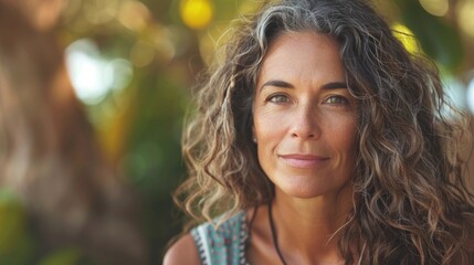 Obraz premium Portrait of beautiful young woman standing in sunlit forest.