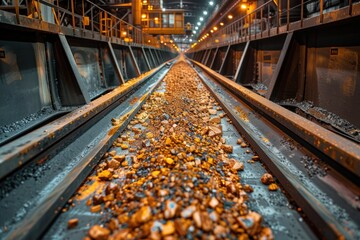 A close-up of an industrial conveyor belt carrying orange ore in a metal processing facility