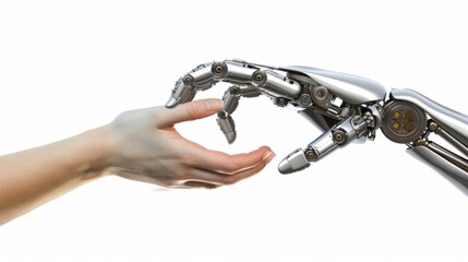 Hands of robot and human touching isolated on white. Machine learning, Technology meets humanity