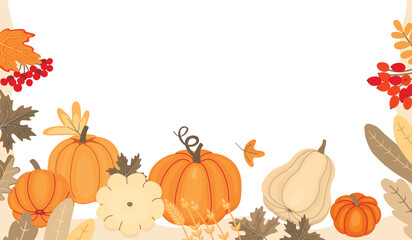 Autumn horizontal banner with space for text.Colorful set of pumpkins of various shapes and sizes, branches of berries, ears of cereals and fall leaves.Vector  flat illustration on white background.