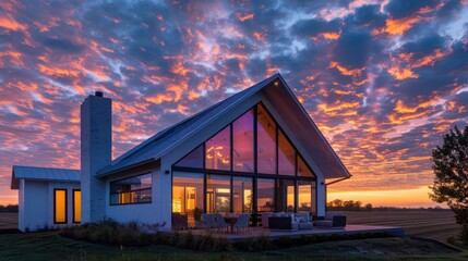 Modern suburban farmhouse with a sharp, angular roof and expansive windows that reflect the vibrant sunset sky