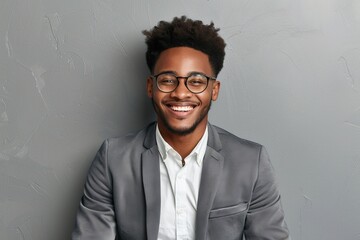 Fototapeta premium Happy black millennial businessman in glasses on grey background laughing and looking at camera