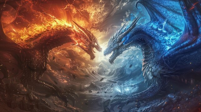 Epic illustration of two dragons, one of fire and one of ice, facing off in a dramatic and mystical conflict in a fantasy setting.