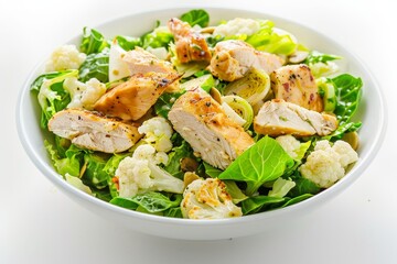 Healthy Caesar salad with chicken brussel sprouts and cauliflower in a white bowl photographed from the front