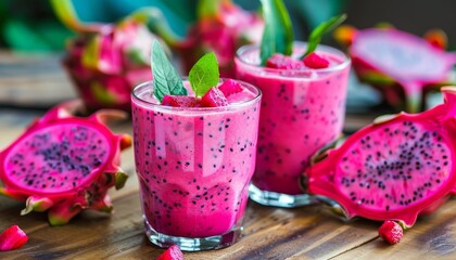 Healthy dragon fruit smoothie on table
