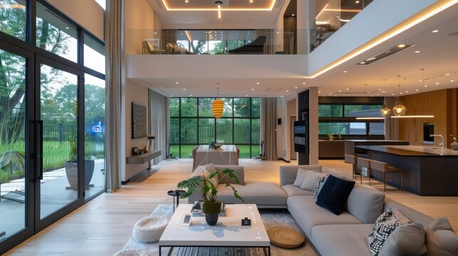 modern suburban farmhouse with an integrated smart home system, featuring automated curtains, lighting, and a central control for climate and security