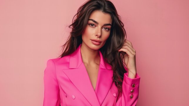 dark haired model wearing pink suit, isolated studio photo, concept of beauty, fashion and makeup