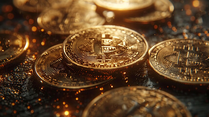 Golden Bitcoin coin against a dark backdrop with binary code