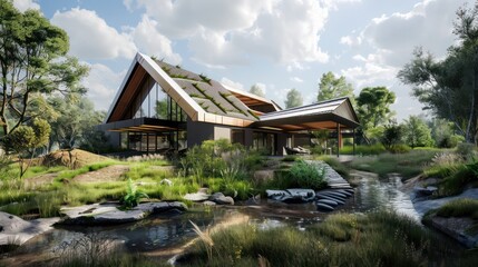 Obraz premium modern suburban farmhouse with a unique roof design, surrounded by a natural landscape and a small creek