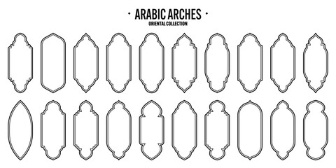 Islamic frames, oriental style objects. Arabic shapes, windows and arches. Traditional ornamental banner, frame. Muslim holidays, Ramadan Kareem. Modern eastern architecture. Vector illustration