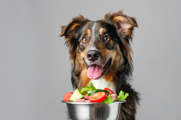 Joyful Australian Shepherd with a bowl of fresh food