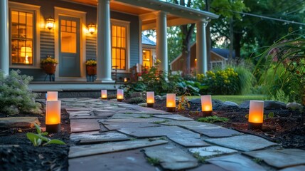 Obraz premium suburban farmhouse with a quaint stone walkway lined with glowing solar lamps leading to a brightly painted front door