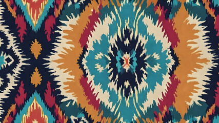 Ethnic Ikat tropical seamless pattern. Motif ethnic handmade beautiful Ikat art.Ikat ethnic tribal, boho colors seamless wallpaper. Abstract traditional folk antique graphic fabric line. Generative AI