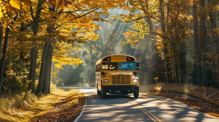 Obraz premium A yellow school bus drives down a winding road through a sunlit autumn forest, with golden leaves and sunlight filtering through the trees