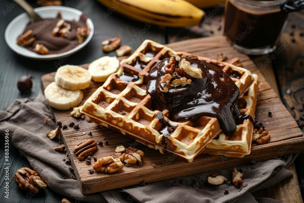 Wall mural Homemade Belgian Waffles with Chocolate Sauce Bananas Walnuts on a Wooden Desk with Cutting Board