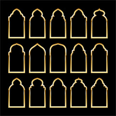 Islamic frames, oriental style. Golden arabic shapes, windows and arches. Traditional ornamental banner, frame. Muslim holidays, Ramadan Kareem. Modern eastern architecture. Vector illustration