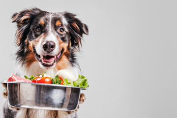 Happy Australian Shepherd with a bowl of fresh vegetables and meat, balanced nutrition