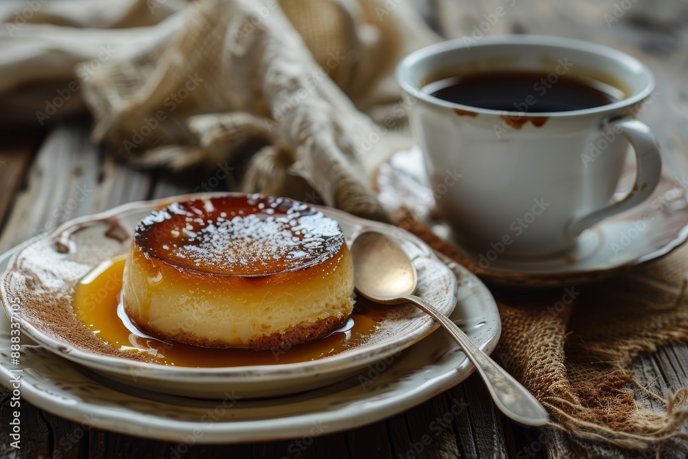 Canvas Prints homemade caramel pudding served with coffee