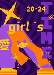 Girl’s time poster. Trendy graphic art. Card with the image of abstract elements. Composition with a character. Dynamic geometric design in a purple palette.