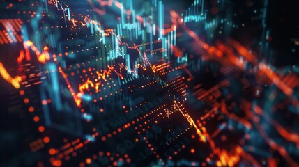 Fototapeta premium Glowing forex chart interface wallpaper. Concept of investment, trading, shares or analysis, finance. Growth and decline chart.