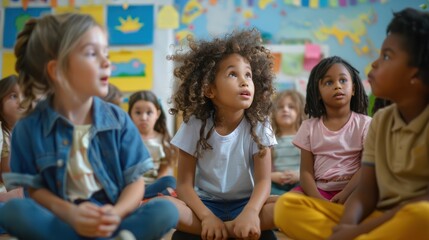 Fototapeta premium Group of small nursery school children sitting and listening to teacher on floor indoors in classroom, their eyes following her every move as she demonstrates a simple science experiment.