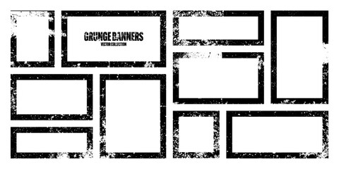 Grunge square frames, banners with stains and scratches. Brush stroke, rectangular shape design element. Distressed dirty text frame, border. Paintbrush, ink stains. Vector illustration