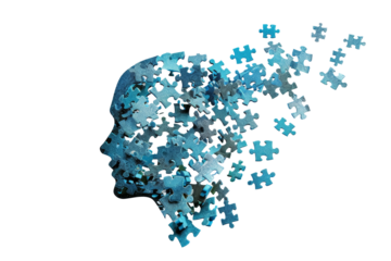 Human head profile made of chaotic blue jigsaw puzzle. Concept of cognitive psychology or psychotherapy, personality disorder, brain problem, mental health. PNG isolated on transparent background.