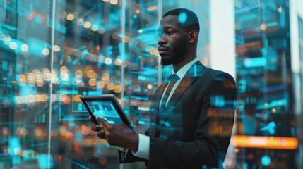 handsome black african american businessman holding smart tablet screen in hands analyzing the world economy stock market. holographic web design. city skyscrapers in blurry background