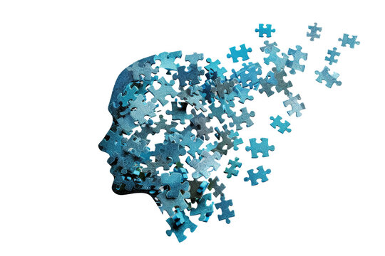 Human head profile made of chaotic blue jigsaw puzzle. Concept of cognitive psychology or psychotherapy, personality disorder, brain problem, mental health. PNG isolated on transparent background.