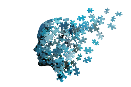 Human head profile made of chaotic blue jigsaw puzzle. Concept of cognitive psychology or psychotherapy, personality disorder, brain problem, mental health. PNG isolated on transparent background.