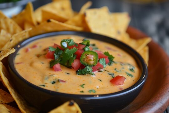 Homemade spicy queso dip with tortilla chips