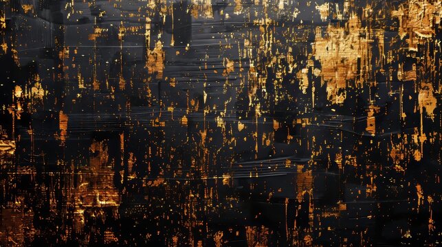 Abstract code pattern in chaotic gold and black colors, style 10 for visually striking design