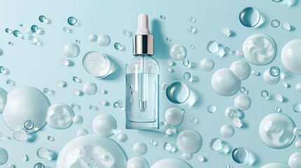 Dropper Bottle with Water Drops on Blue Background