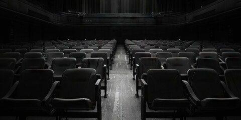 The Silenced Voices of Innovation: An empty auditorium, its seats empty and its stage dark, echoing with the ghosts of past ideas.