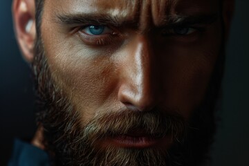 Obraz premium Intense photo of stern bearded man on dim backdrop Bold and striking idea