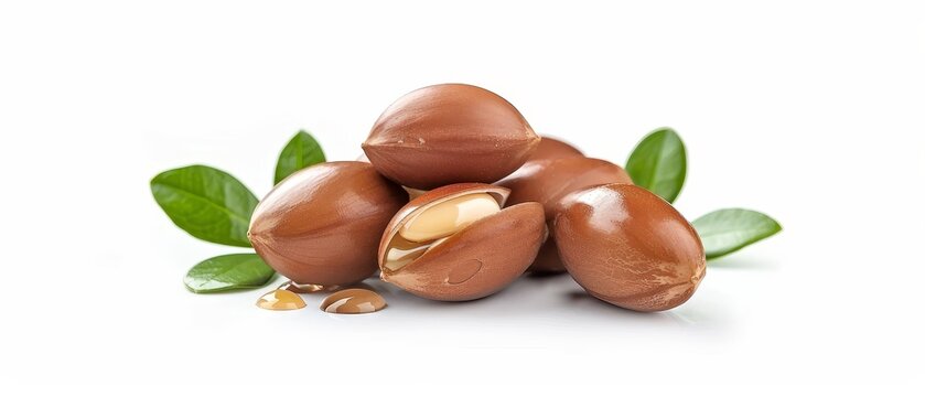 Isolated argan nuts with green leaves on white background Chopped nut with oil drop