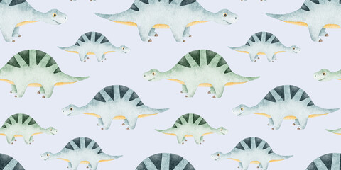 Herd of Cute blue sauropod dinosaurs. Childish background with dinos. Watercolor seamless patterns for design kid's rooms, scrapbook, clothes, textile