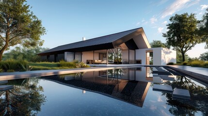 Obraz premium Sleek, modern suburban farmhouse with a flat roof, surrounded by minimalist landscaping and a reflective pool